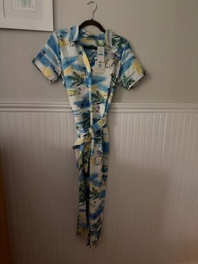 Tori Richard Blue, White & Yellow Tropical Print Jumpsuit
